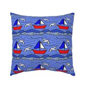 Block Print Red White Blue Sailboat Seagulls