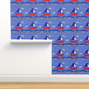 Block Print Red White Blue Sailboat Seagulls