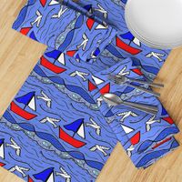 Block Print Red White Blue Sailboat Seagulls