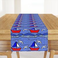 Block Print Red White Blue Sailboat Seagulls