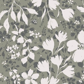 (L) Tulips Florals Foliage on Sage Green & Grey | Large Scale