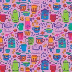 (S) Coffee Time in Mauve. Colorful, hand-drawn, retro print for kitchen, dining textiles 