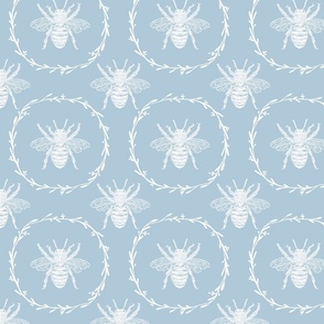 Large French Provincial Bees in Laurel Wreaths in White on Sky Blue