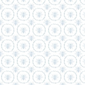 Small French Provincial Bees in Laurel Wreaths in Sky Blue on White