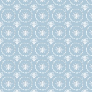 Small French Provincial Bees in Laurel Wreaths in White on Sky Blue