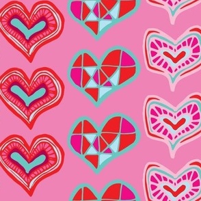 Medium Boho Valentine Hearts Pink, Red and Aqua