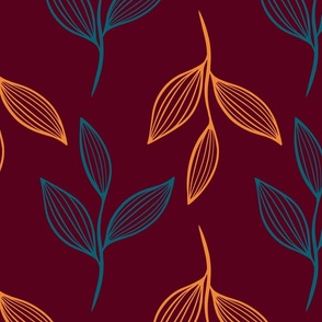 Botanical leaves- wine red background- Large scale