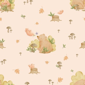 Watercolor bear and bird teatime on light pink || fbe8d9
