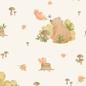 Watercolor bear and bird teatime on off white || f9f4ec