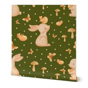 Cute watercolor bunny and bird friends on army green || 545b19