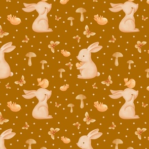 Cute watercolor bunny and bird friends on orange brown || ad6a00