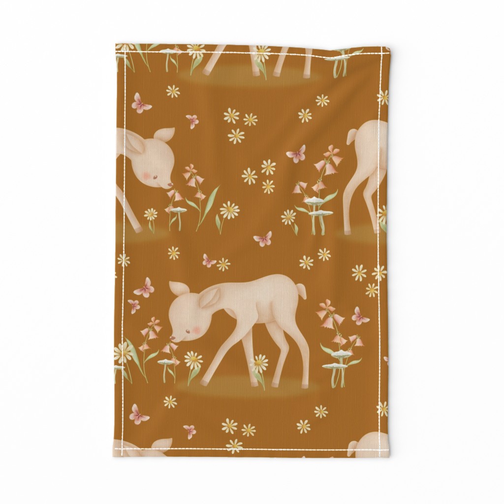 Cute watercolor deer smelling flowers on orange brown || ad6a00