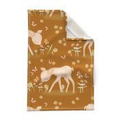 Cute watercolor deer smelling flowers on orange brown || ad6a00