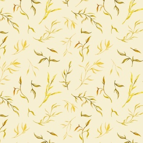 watercolour fall leaves  golden yellow on light olive green || 9e2ca