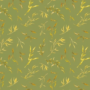 watercolour fall leaves golden yellow on moss green || 92975b