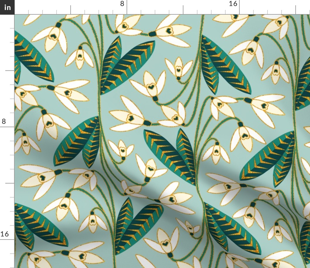 Golden Art Deco Snowdrops - Sage Blue - Medium Scale