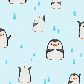 Cute watercolor penguins for boy nursery with blue stripes on light blue