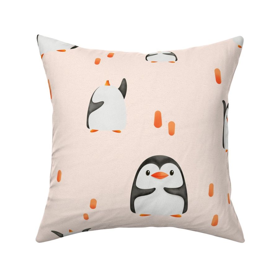 Cute watercolor penguins for girl nursery with red stripes on light pink