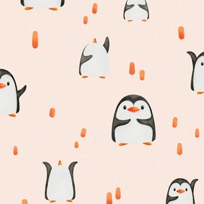 Cute watercolor penguins for girl nursery with red stripes on light pink