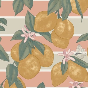 lemons and stripes - ochre & peach & ecru - large