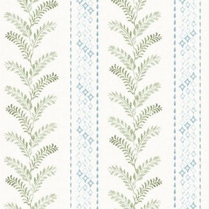 Watercolor grandmillennial climbing vine leaves and stripes  - sage green blue