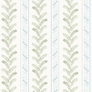 Watercolor grandmillennial climbing vine leaves and stripes  - sage green blue 12"