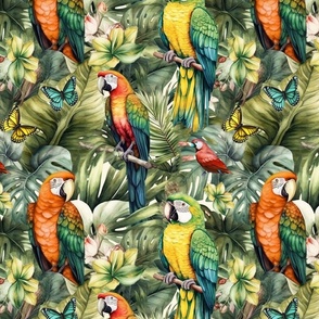 Parrots forest jungle	red green yellow