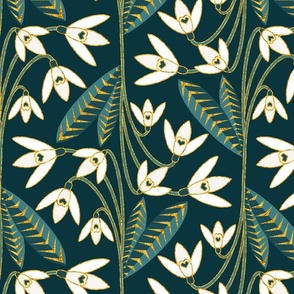 Golden Art Deco Snowdrops - Teal - Large Scale