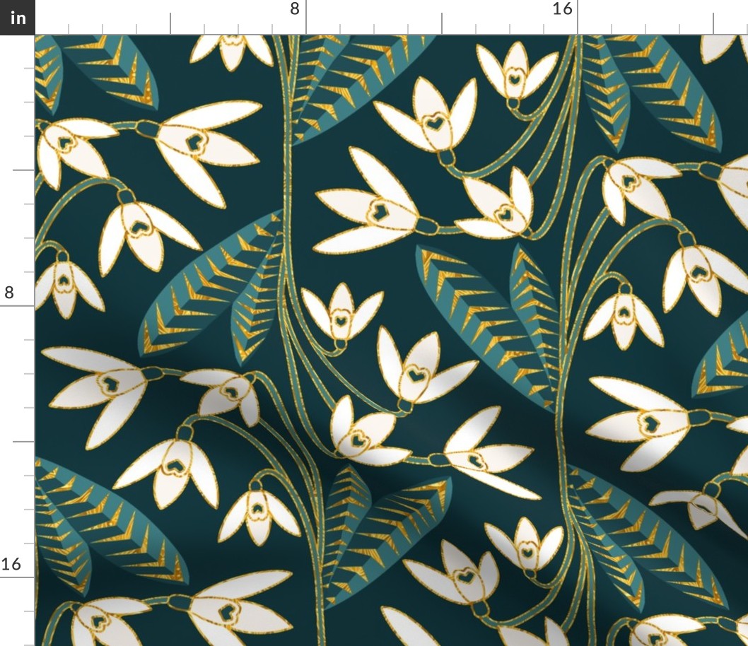 Golden Art Deco Snowdrops - Teal - Large Scale