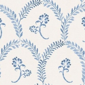 Watercolor Floral Treillis Block print - Classic Blue Ivory - 8"
