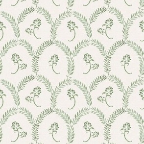 Watercolor Floral Treillis Blockprint - Sage Green Ivory