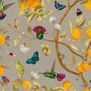 Hummingbirds, lemons and butterflies in beige