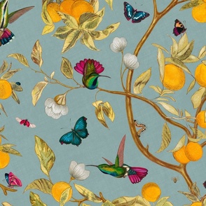 Hummingbirds, lemons and butterflies in calm blue