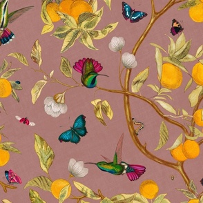 Hummingbirds, lemons and butterflies in vintage pink