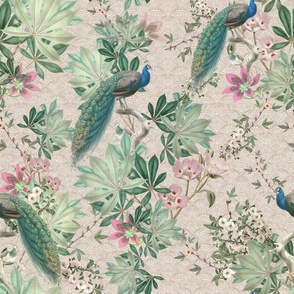 Antique peacock botanical garden wallpaper - ivory "24