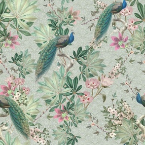 Antique peacock botanical garden wallpaper - sage green "24