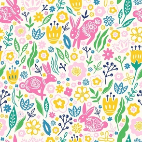 Folk art flowers and bunnies on a flower meadow - bright spring colours