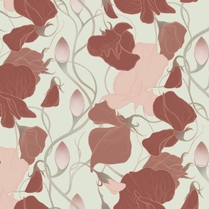 Sweet Pea Flowers & Climbing Vines in Terracotta and Light Salmon Pink on Mint Sage Green  - Vertical Wallpaper (BR003_02)