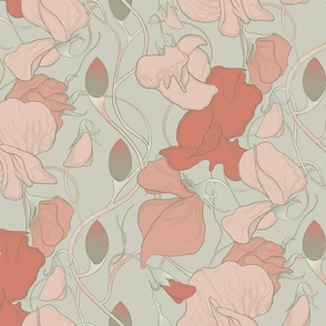 Sweet Pea Flowers & Climbing Vines in Terracotta Red and Light Salmon Pink on Dusty Sage Green - Vertical Wallpaper (BR003_01)