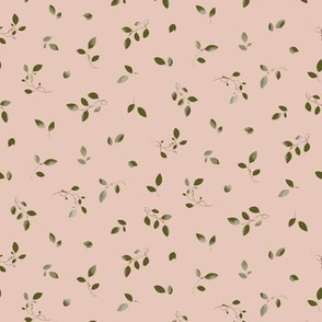 Ditsy Leaves with Tiny Berries in Sage Green and Terracotta on Dusty Peach Pink - Non Directional (BR004_03)