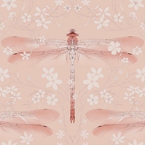 Whimsical Dragonfly Among Flowers in Terracotta and Rose White on Peach Salmon Pink - Vertical Wallpaper (BR005_01)