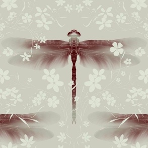 Whimsical Dragonfly Among Flowers in Cherry Red Terracotta and Light Mint Green on Gray Sage - Vertical Wallpaper (BR005_04)