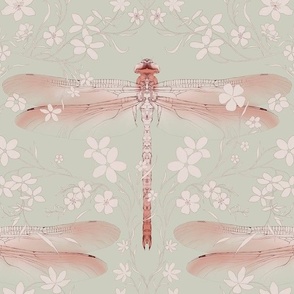 Whimsical Dragonfly Among Flowers in Terracotta and Rose White on Light Sage Green - Vertical Wallpaper (BR005_02)