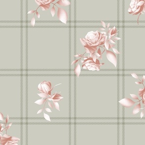 Romantic Tartan With Roses in Light Terracotta Pink and Light Sage Green (BR007_06)