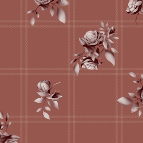 Romantic Tartan With Roses in Warm Terracotta Brown, Baige and Rose White (BR007_04)