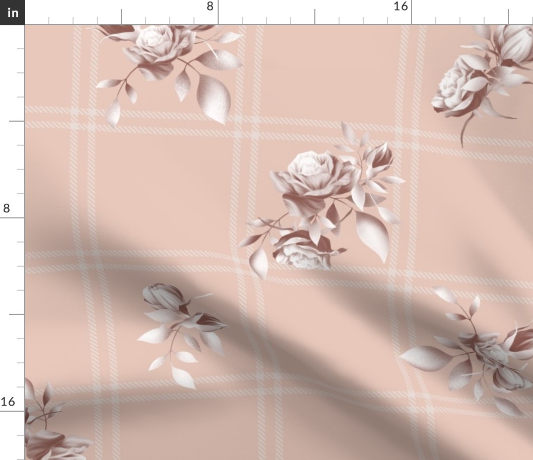 Romantic Tartan With Roses in Terracotta Brown, Rose White and and Peach Rose Pink (BR007_02)