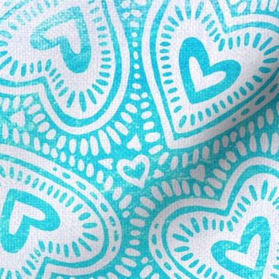 Bright Grunge Textured Hearts in Turquoise and Aqua Large Print