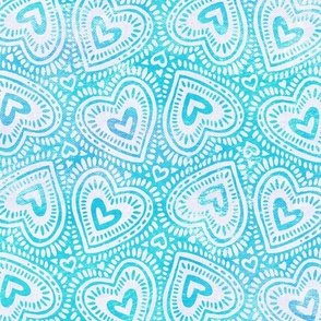 Bright Grunge Textured Hearts in Turquoise and Aqua Large Print