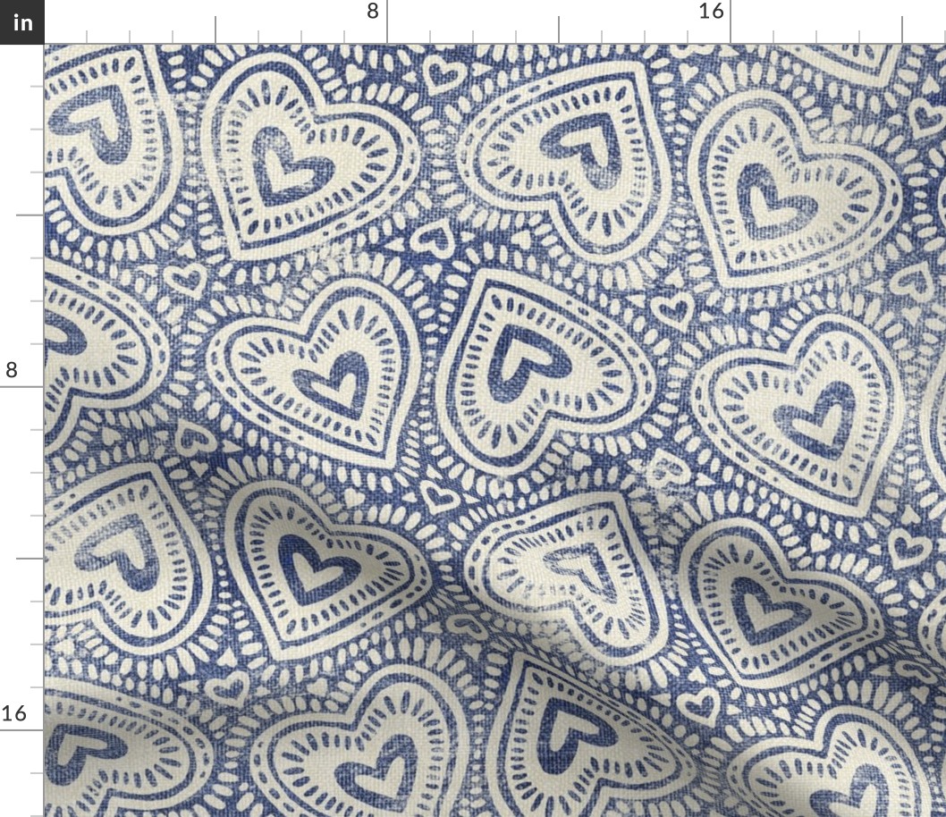 Boho Grunge Textured Hearts in Desaturated Blue and Cream Large Print