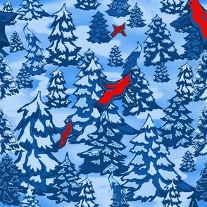 Winter Forest in blue with red cardinals